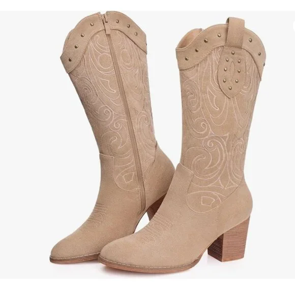 Wide Calf Western Pointed Toe Chunky Heel Boots